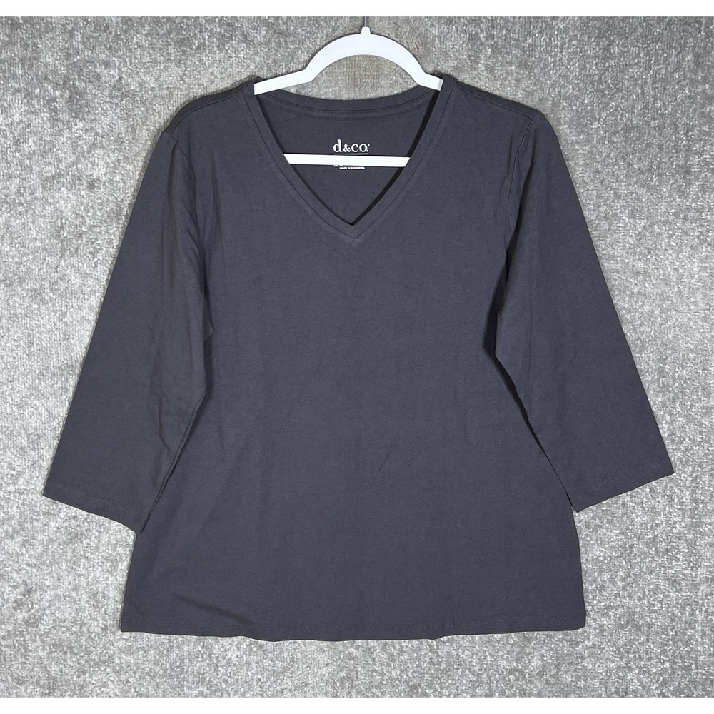 D&Co Denim & Co Essentials Vneck Top Womens Size Medium Gray Stretch 3/4 Sleeve